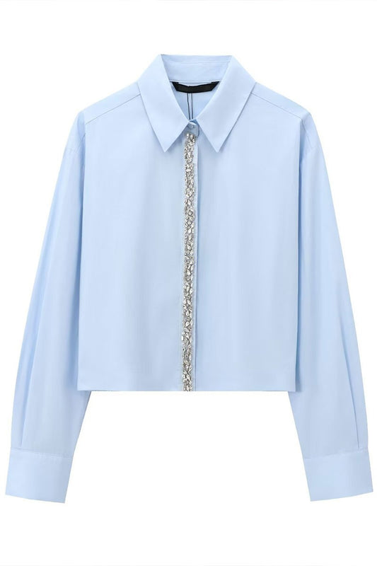 Blue Button-up Shirt with Rhinestones Details