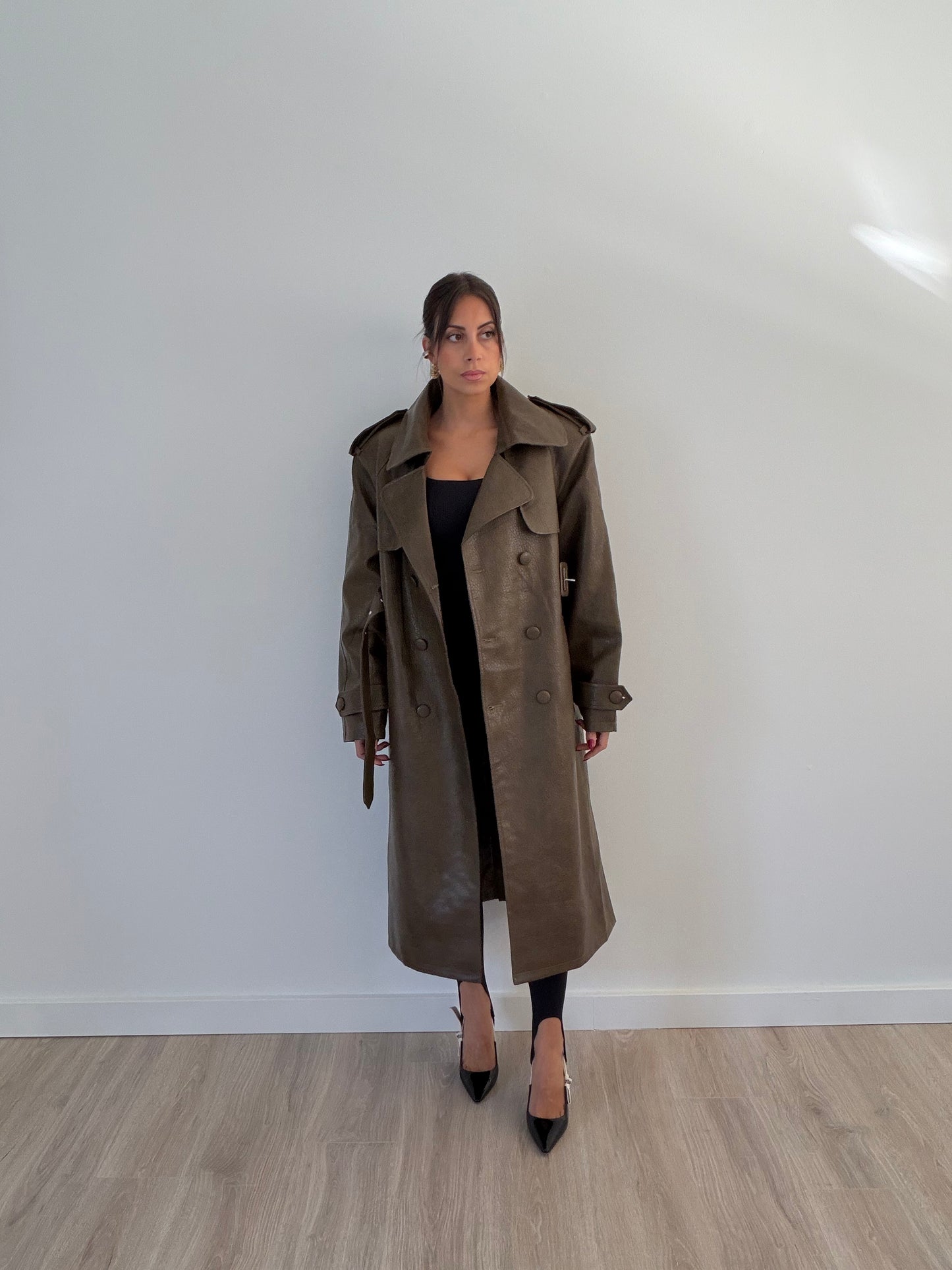 Isabella Faux-Leather Trench Coat – Army Green
