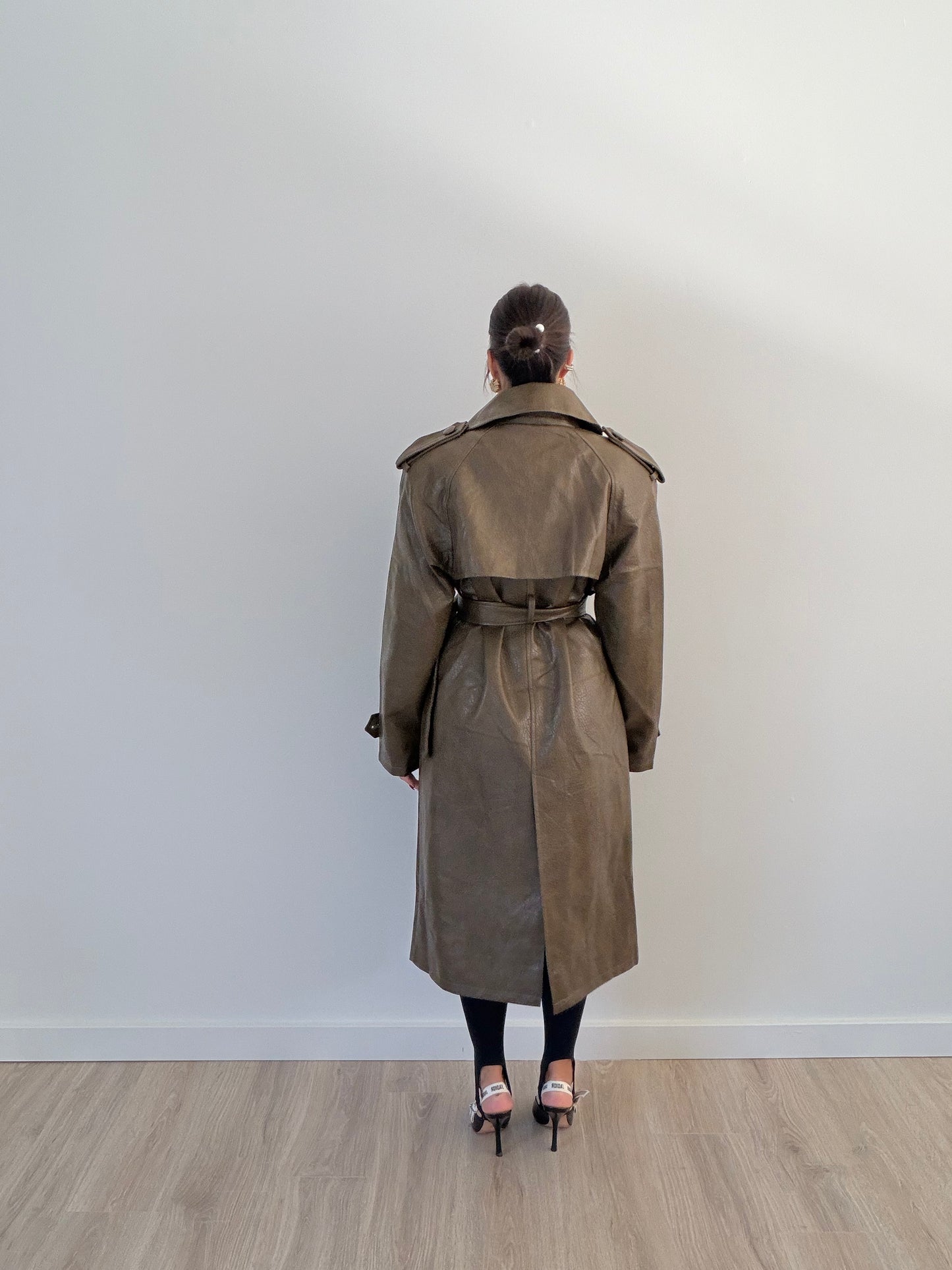 Isabella Faux-Leather Trench Coat – Army Green