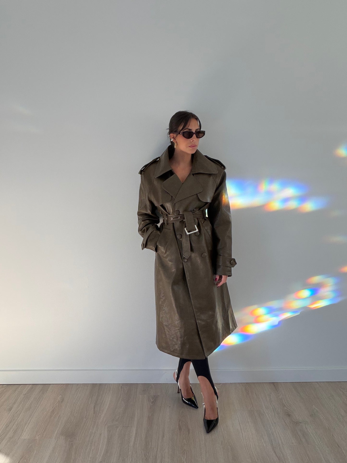 Isabella Faux-Leather Trench Coat – Army Green