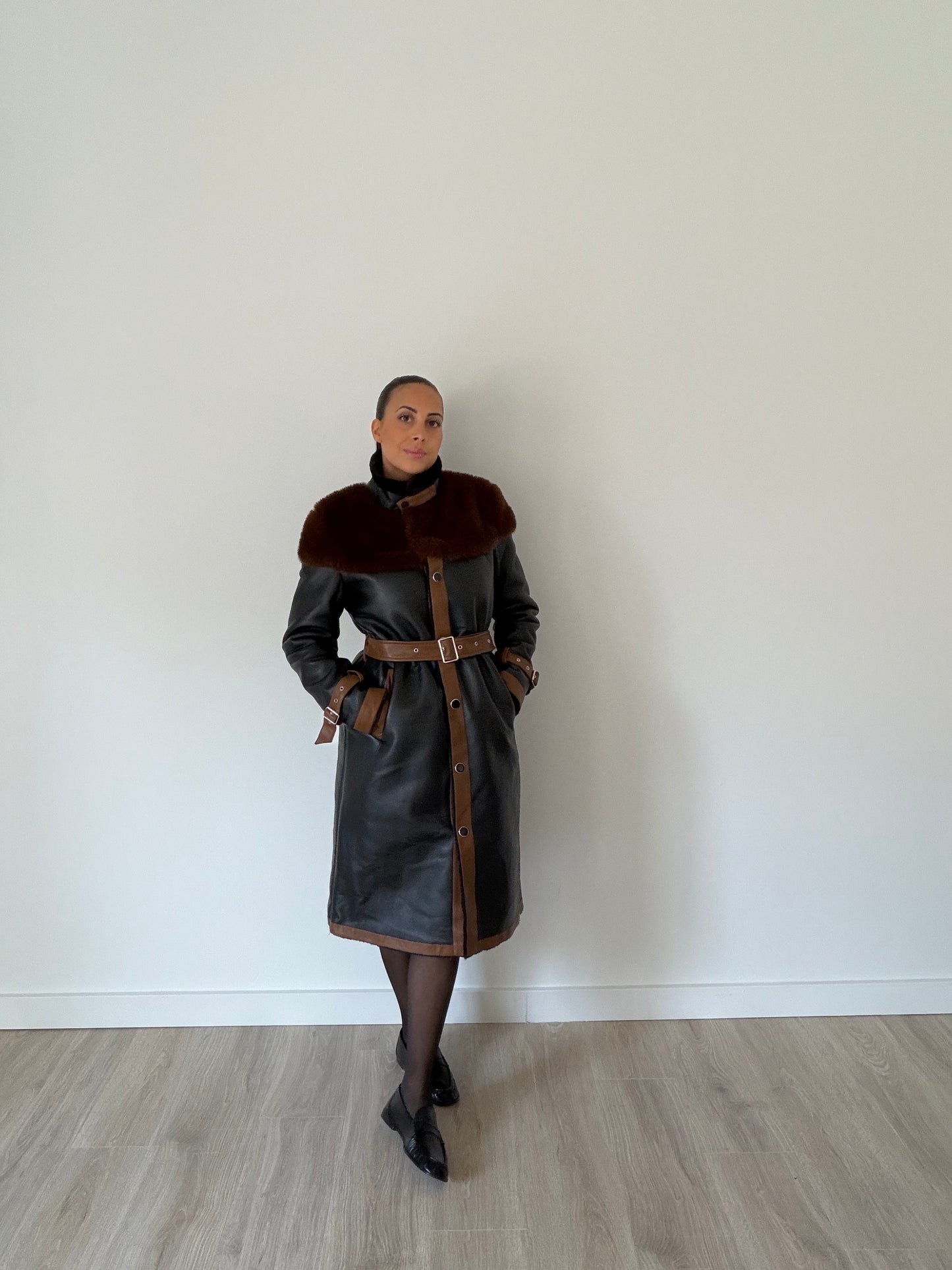 Francesca Faux Leather Coat – Black/ Camel