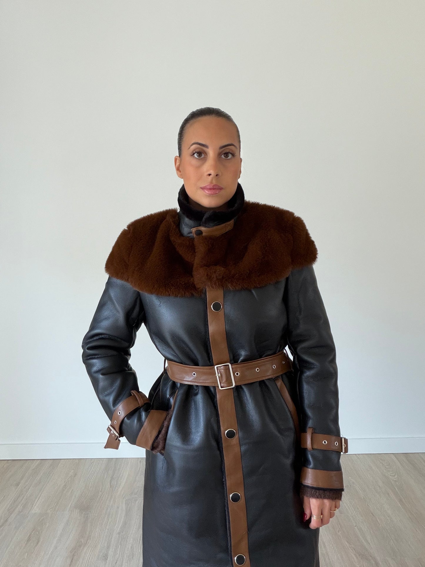 Francesca Faux Leather Coat – Black/ Camel