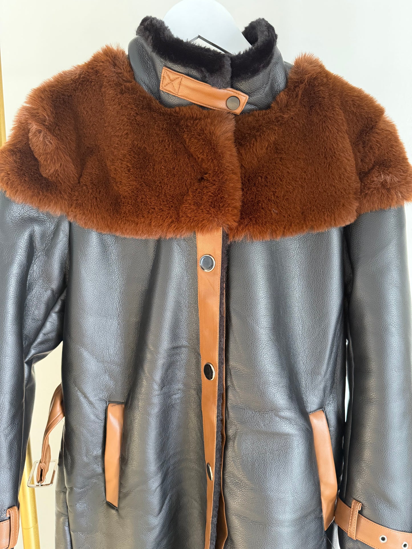 Francesca Faux Leather Coat – Black/ Camel