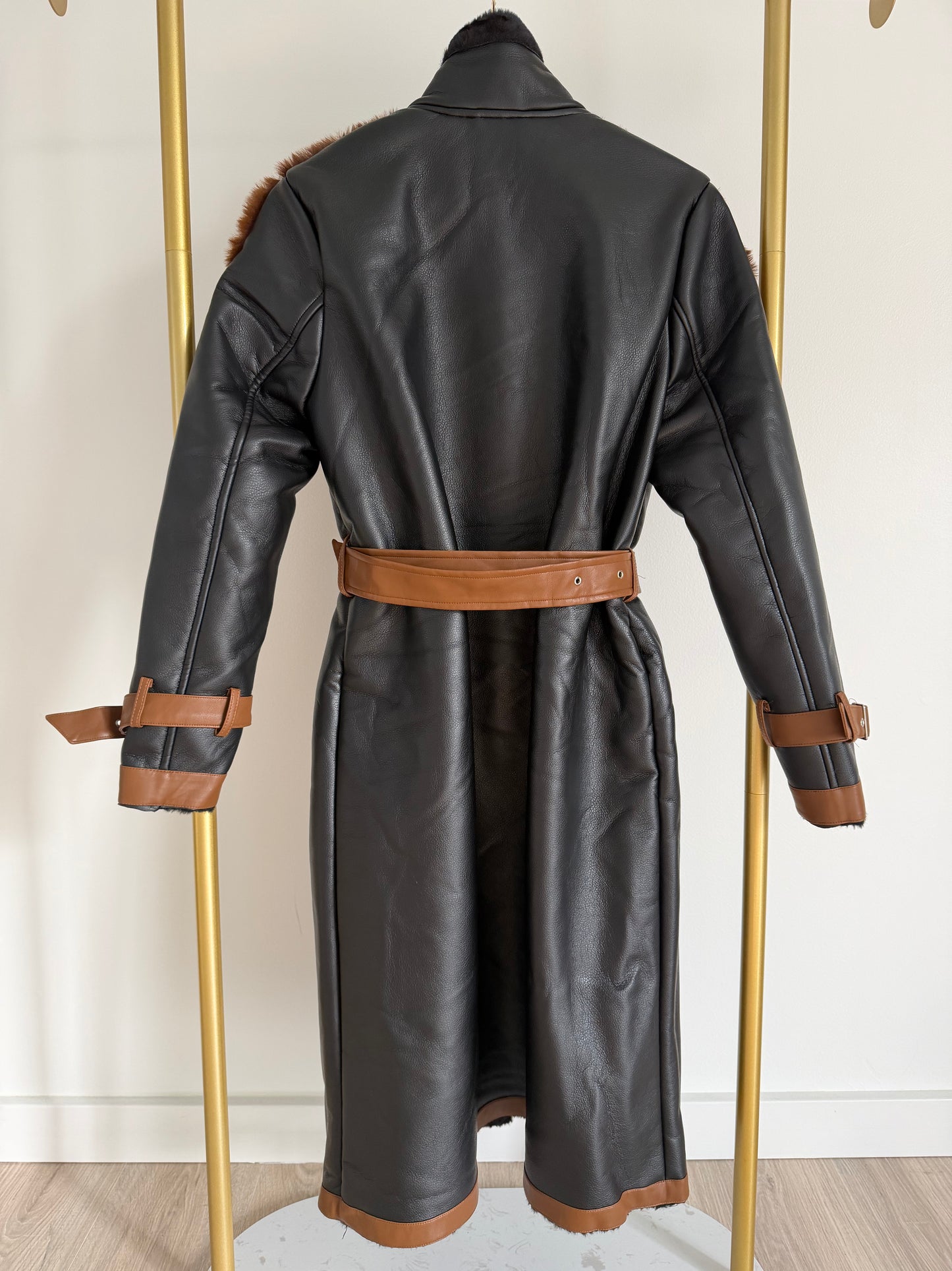 Francesca Faux Leather Coat – Black/ Camel