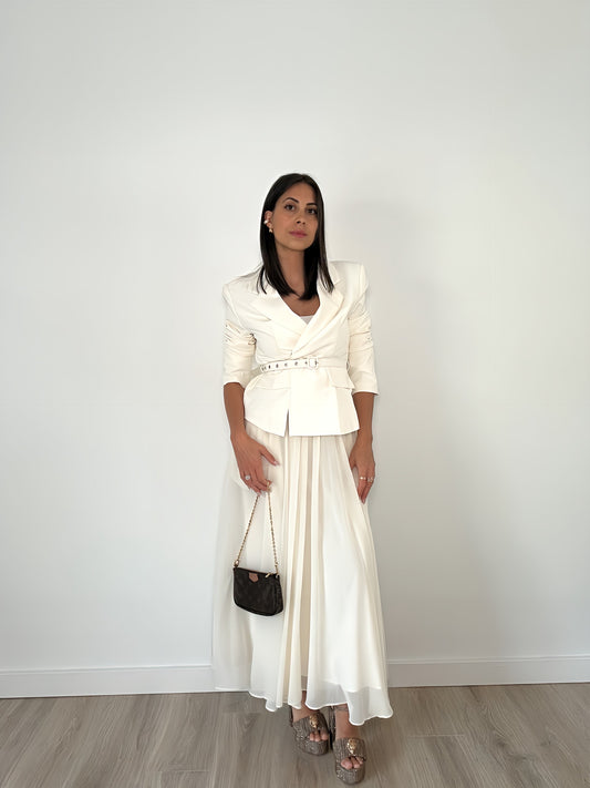 Off-white blazer with high waisted belt