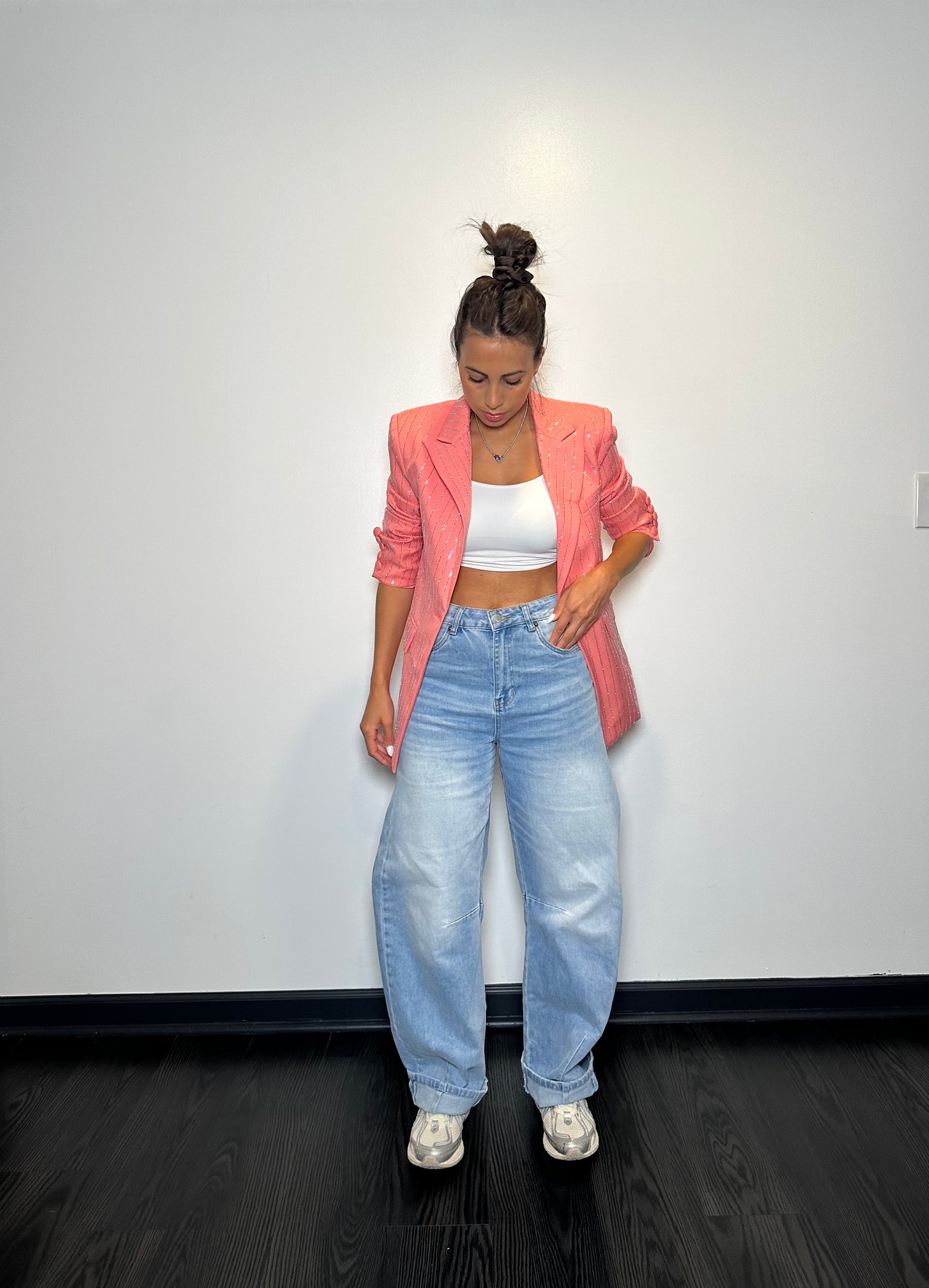 Pink/Salmon Striped Rhinestone Blazer