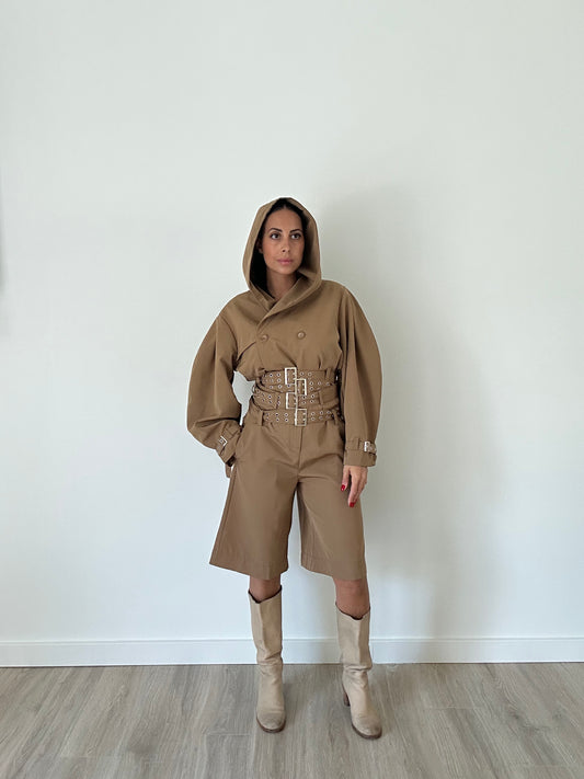 “Alicia” – Buckle Cropped Trench & Bermuda Set (Camel)