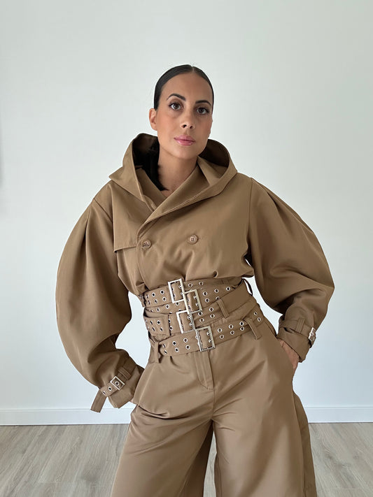 “Alicia” – Buckle Cropped Trench & Bermuda Set (Camel)