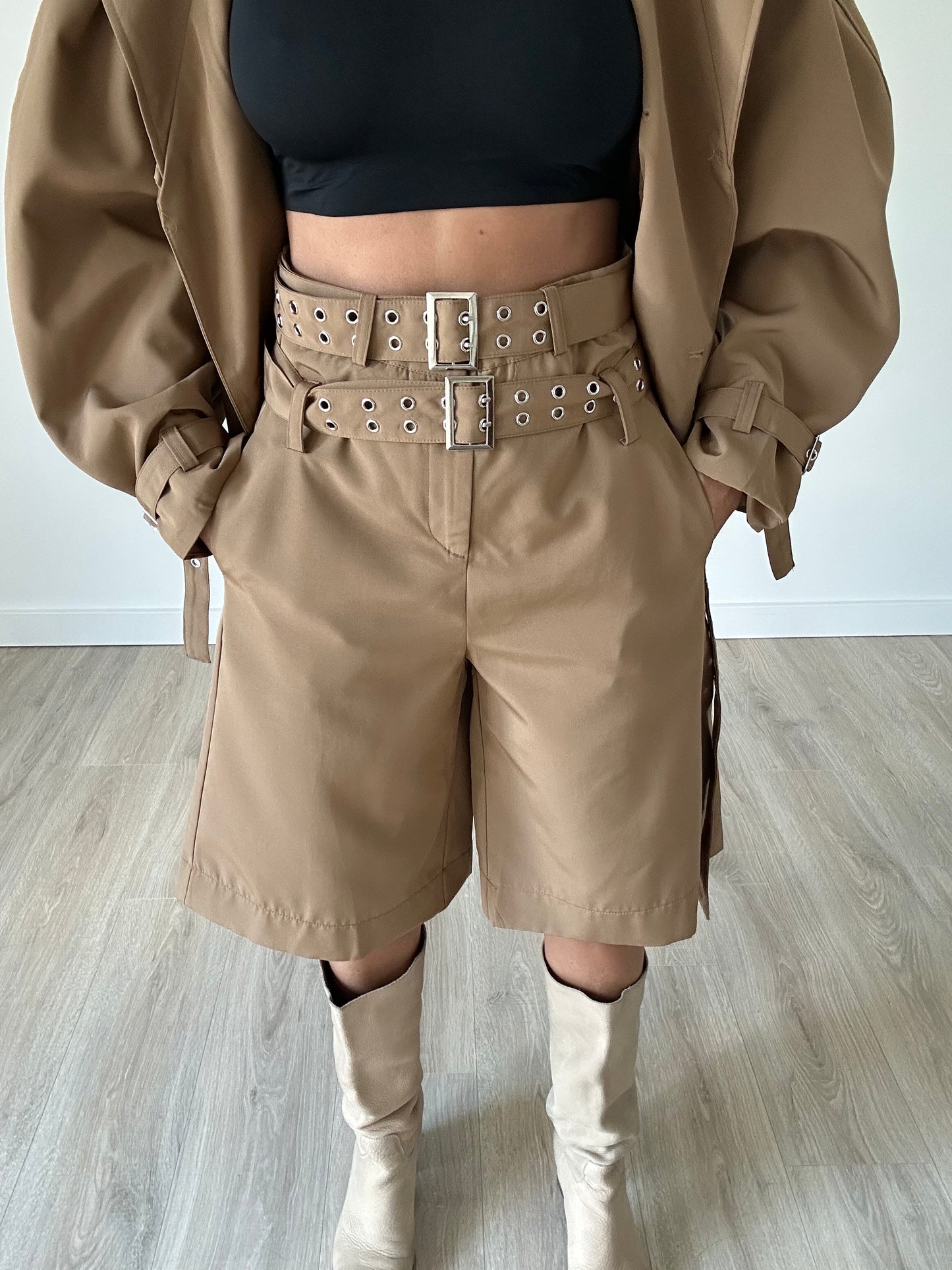 “Alicia” – Buckle Cropped Trench & Bermuda Set (Camel)