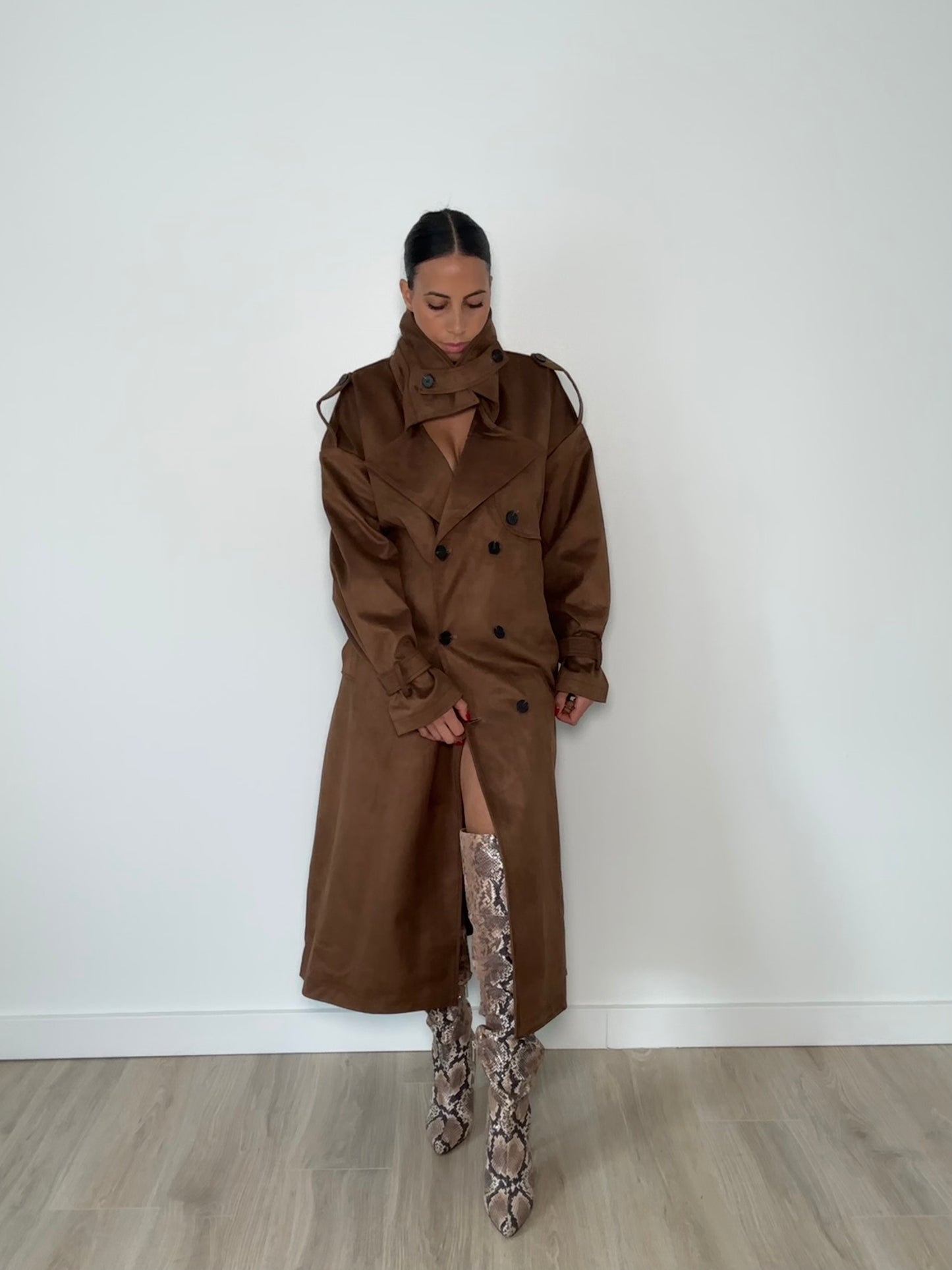 “Fiona” – Long Suede Trench Coat (Choco)