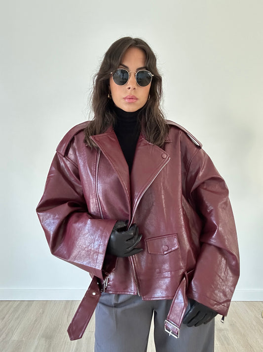 “Chiara” – Oversized Faux Leather Biker Jacket (Burgundy)