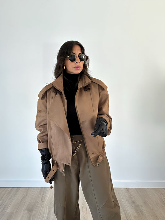 “Elisa” – Oversized Suede Bomber (Camel)