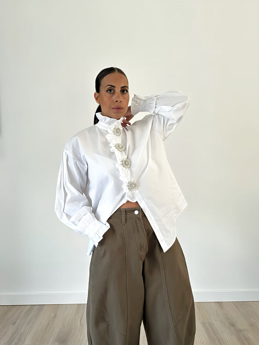 “Alina” – Oversized Rhinestone Button-Up Shirt (White)