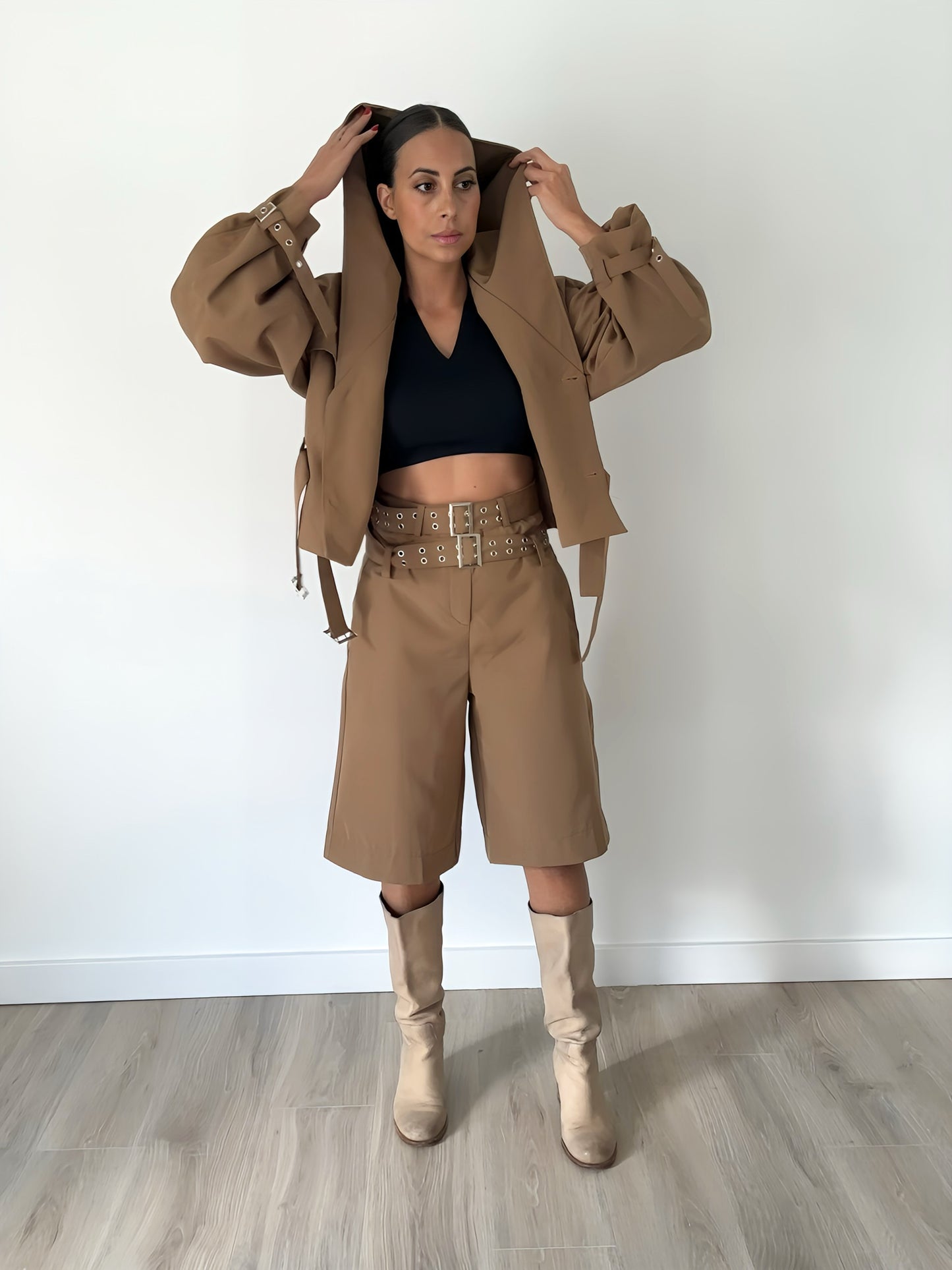 “Alicia” – Buckle Cropped Trench & Bermuda Set (Camel)