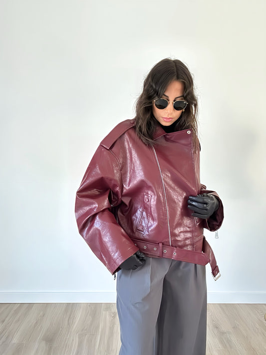 “Chiara” – Oversized Faux Leather Biker Jacket (Burgundy)