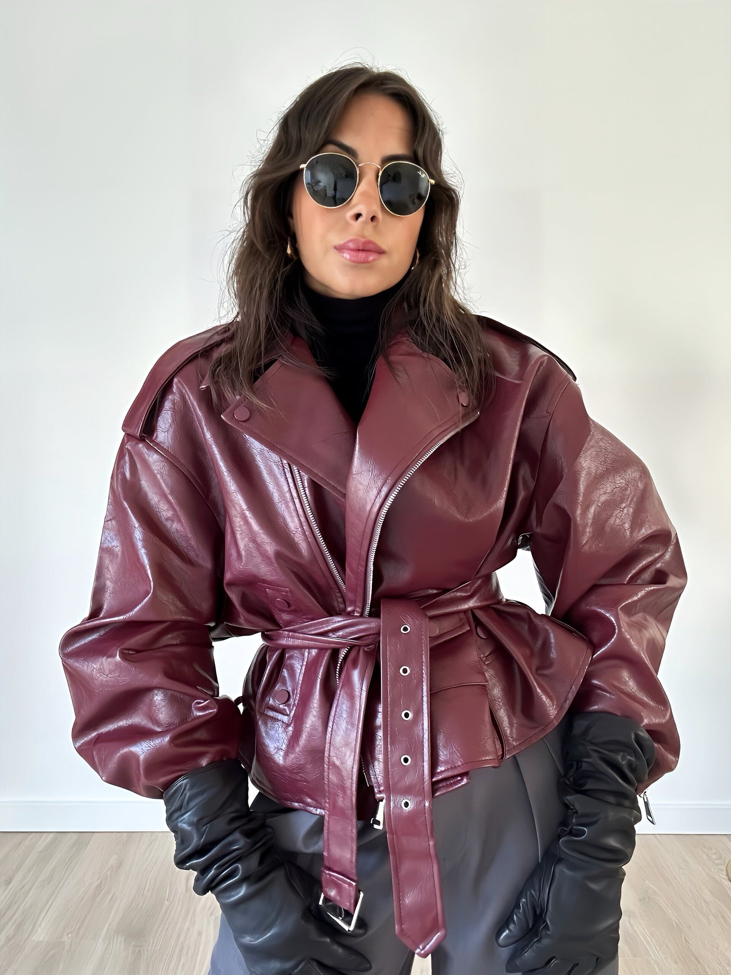 “Chiara” – Oversized Faux Leather Biker Jacket (Burgundy)