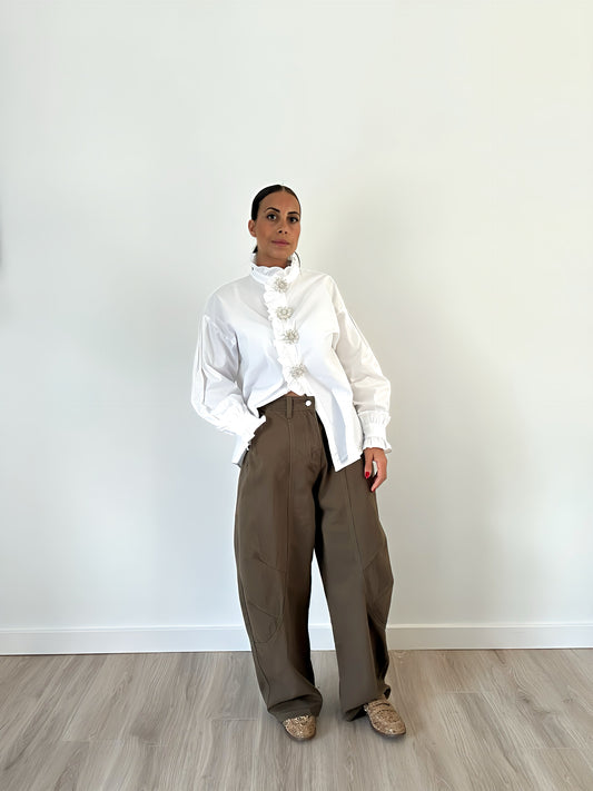 “Alina” – Oversized Rhinestone Button-Up Shirt (White)