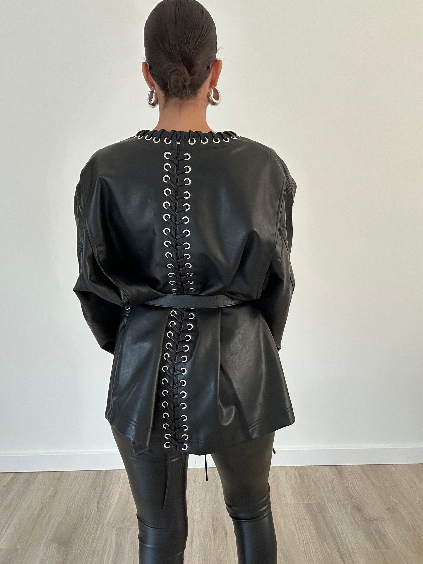 Giulia Oversized Lace-Up Faux Leather Jacket – Black