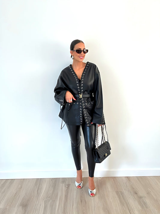 Giulia Oversized Lace-Up Faux Leather Jacket – Black