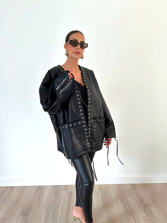 Giulia Oversized Lace-Up Faux Leather Jacket – Black