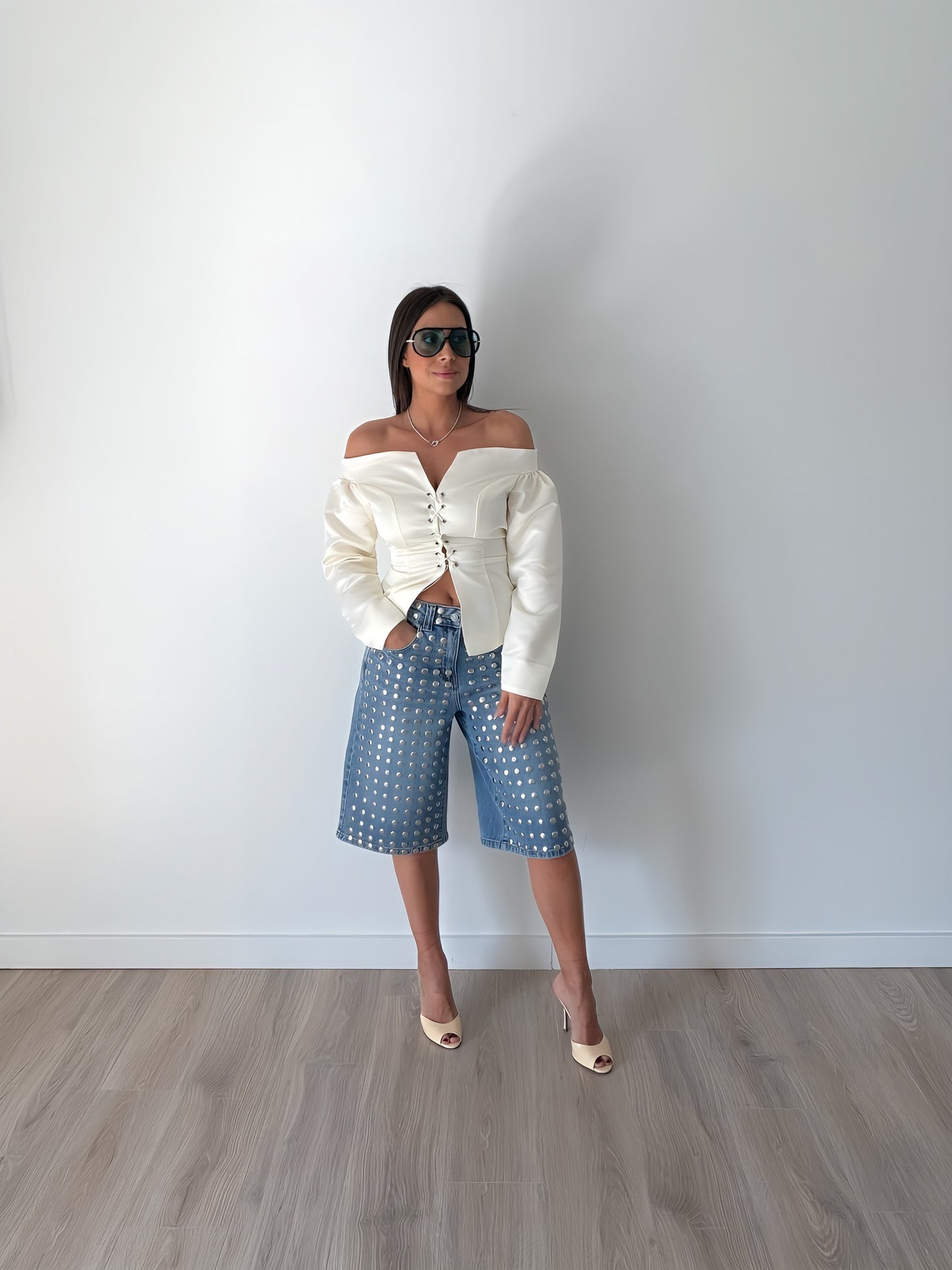 Lace-Up Off-Shoulder Puff Sleeve Blouse