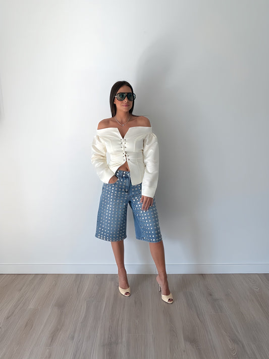 Lace-Up Off-Shoulder Puff Sleeve Blouse