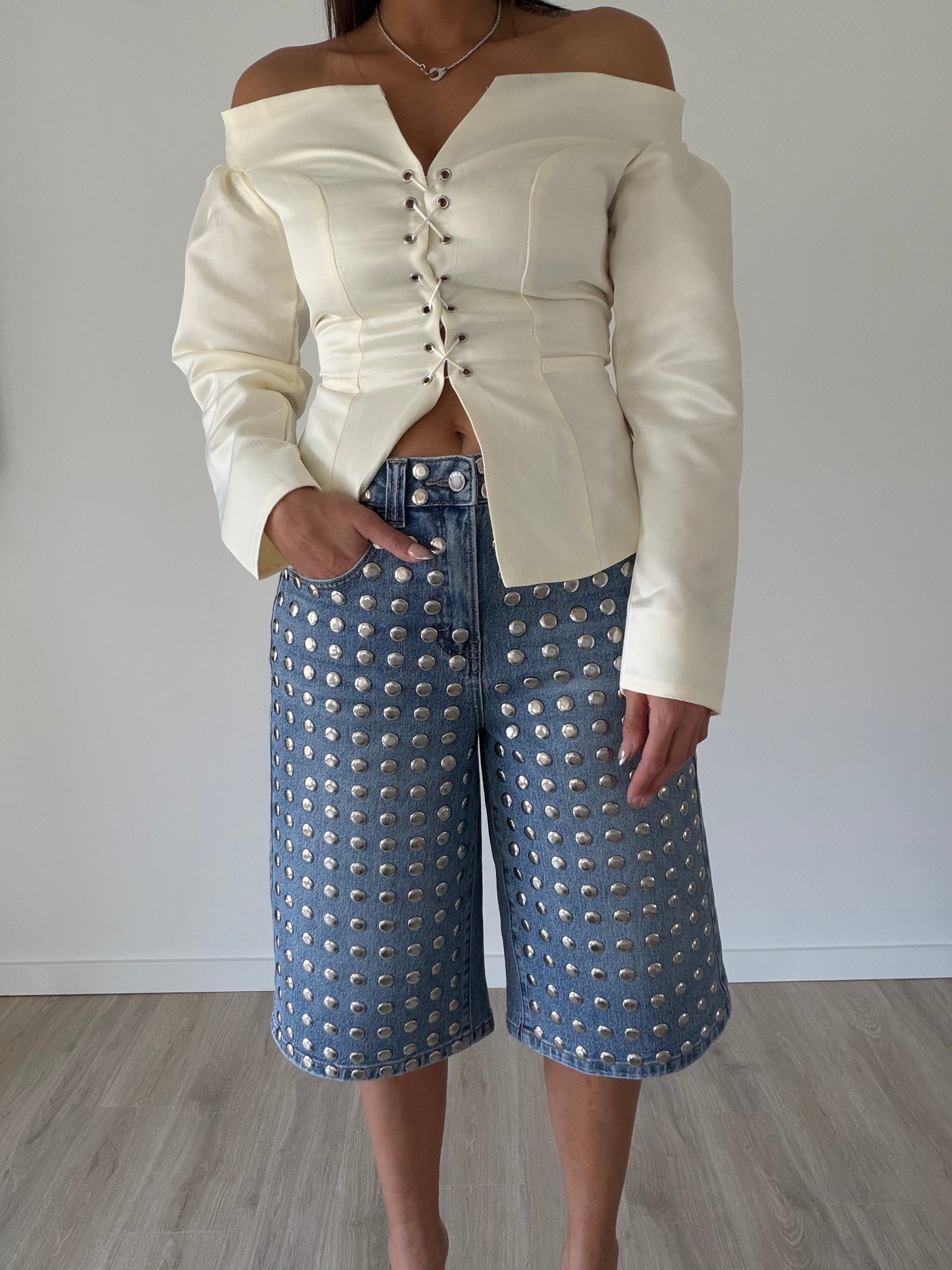 Denim Studded Baggy Bermuda