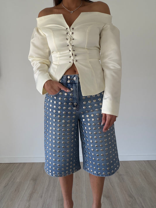 Denim Studded Baggy Bermuda