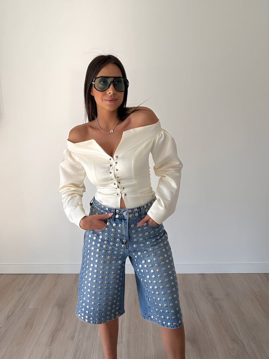 Lace-Up Off-Shoulder Puff Sleeve Blouse