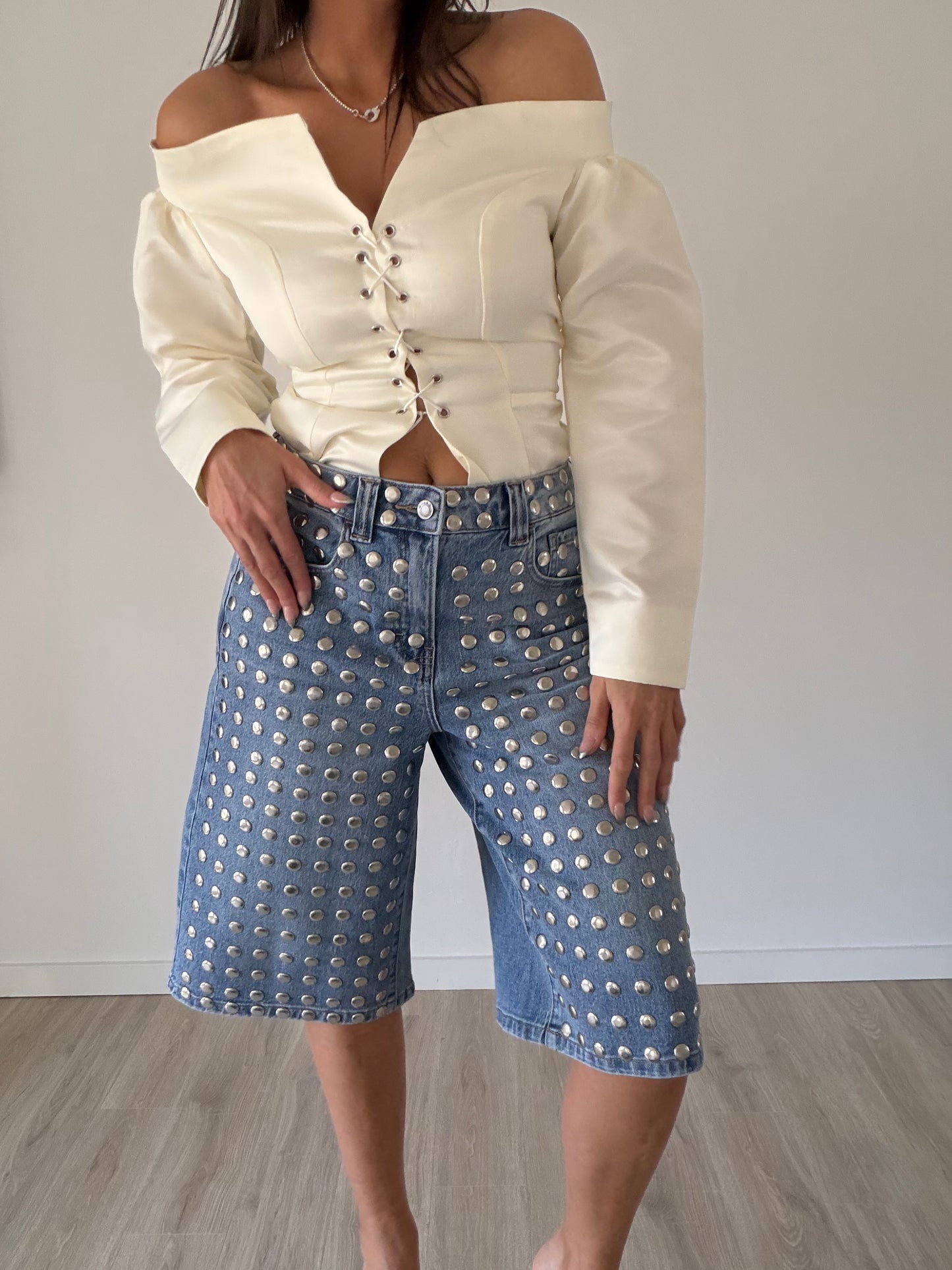 Denim Studded Baggy Bermuda