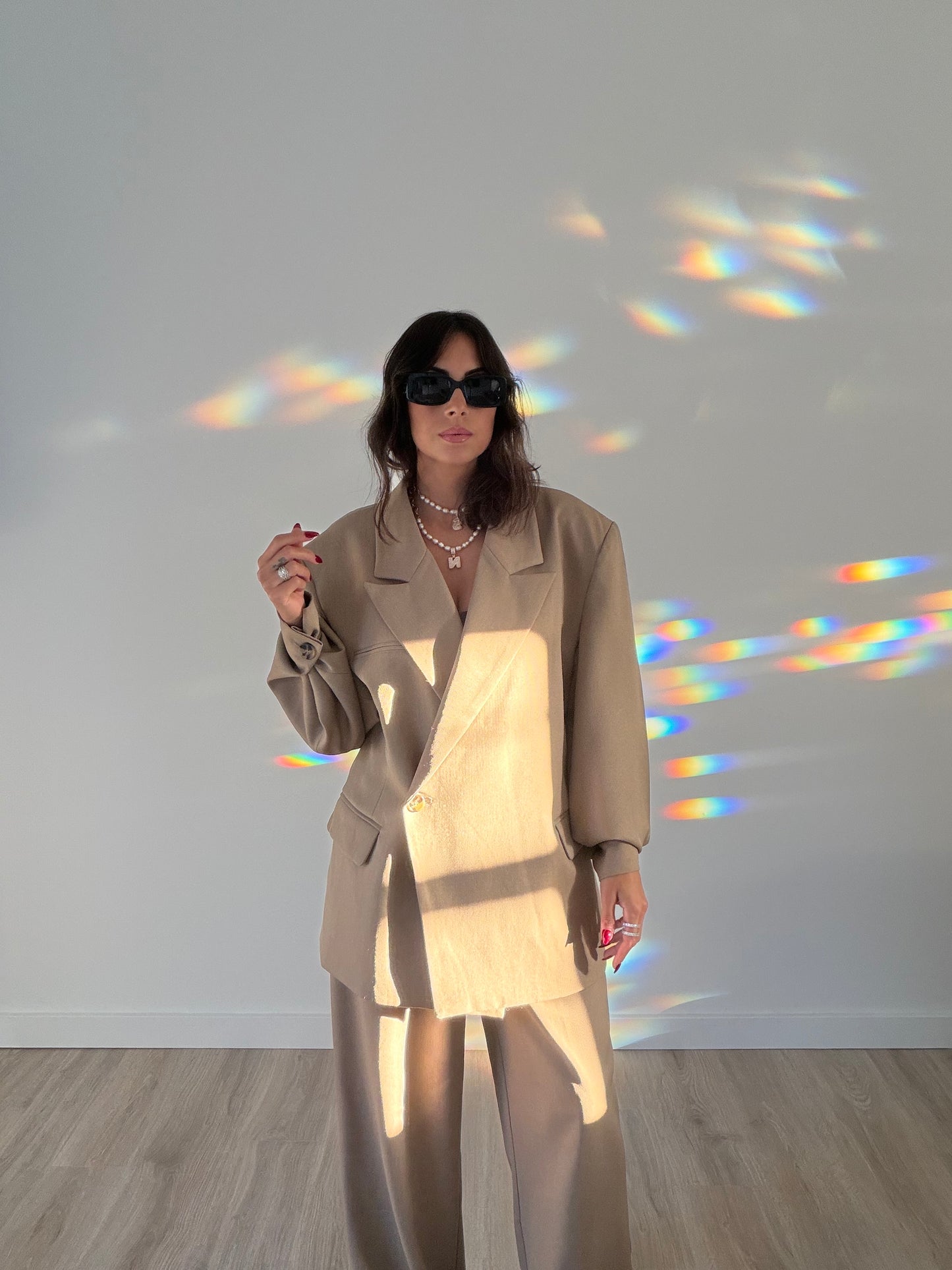 Angelina Oversized Blazer with High-Waist Dress Pants – Beige