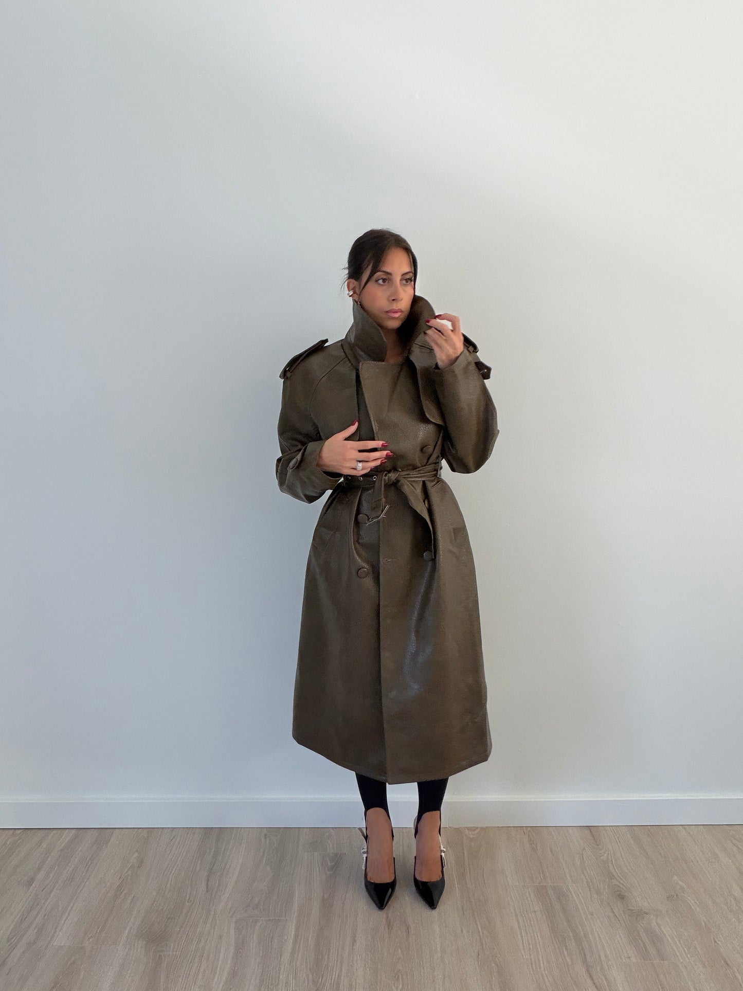Isabella Faux-Leather Trench Coat – Army Green