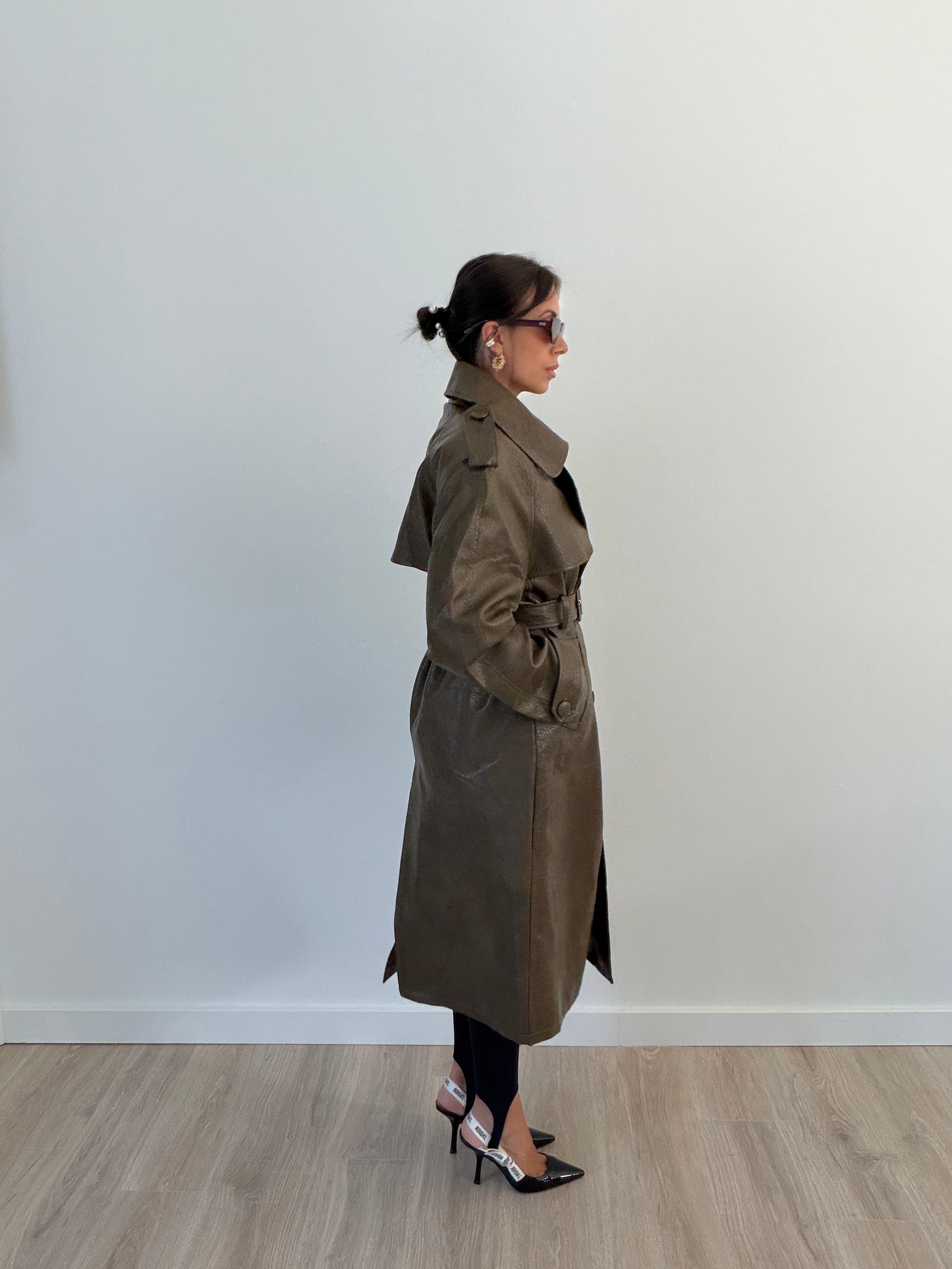 Isabella Faux-Leather Trench Coat – Army Green