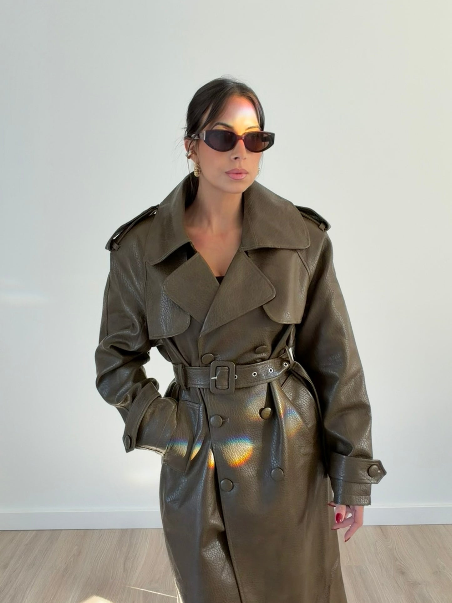 Isabella Faux-Leather Trench Coat – Army Green