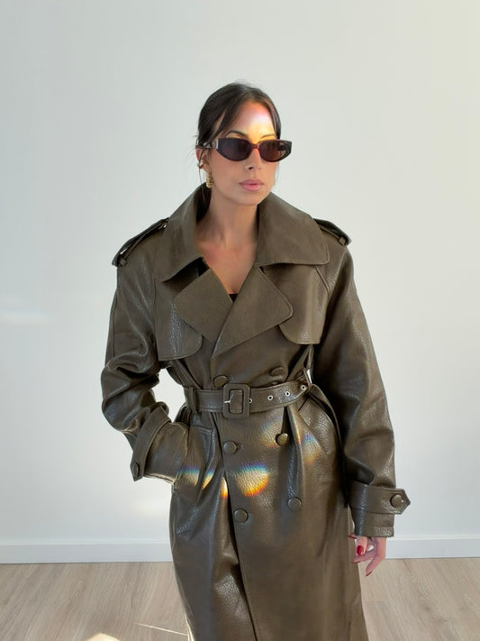 Isabella Faux-Leather Trench Coat – Army Green