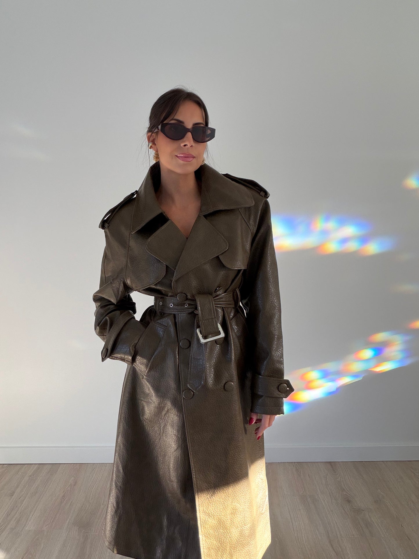 Isabella Faux-Leather Trench Coat – Army Green