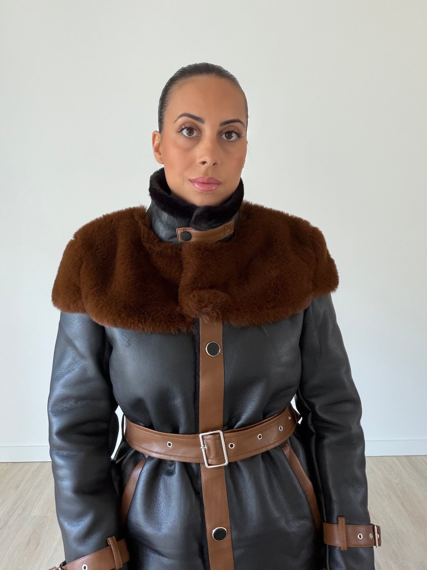 Francesca Faux Leather Coat – Black/ Camel