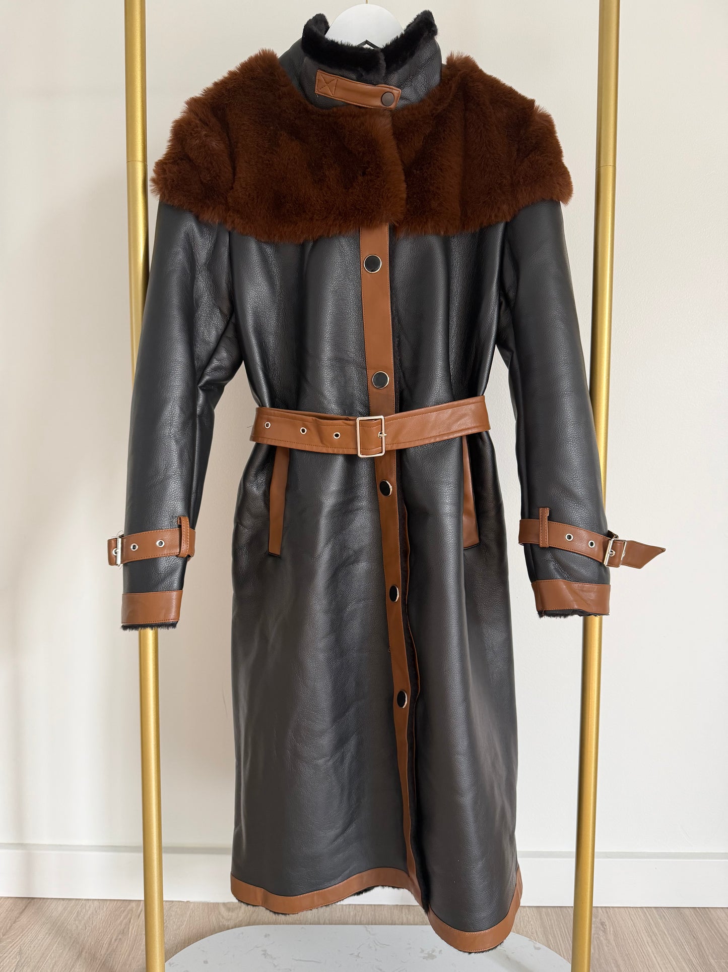 Francesca Faux Leather Coat – Black/ Camel