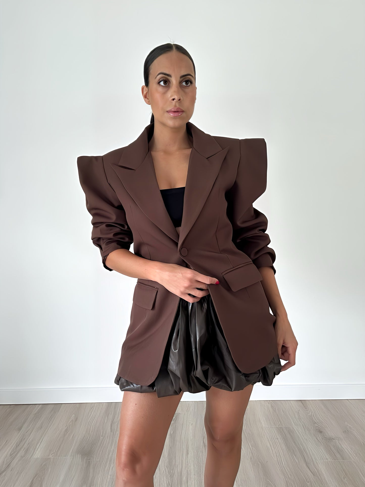 “Louisa” – Bubble Faux Leather Skort - CHOCO