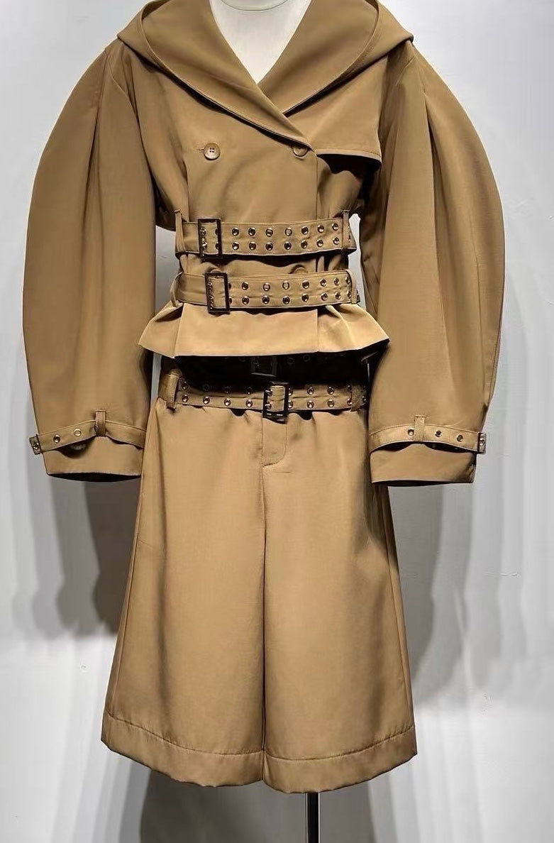 “Alicia” – Buckle Cropped Trench & Bermuda Set (Camel)