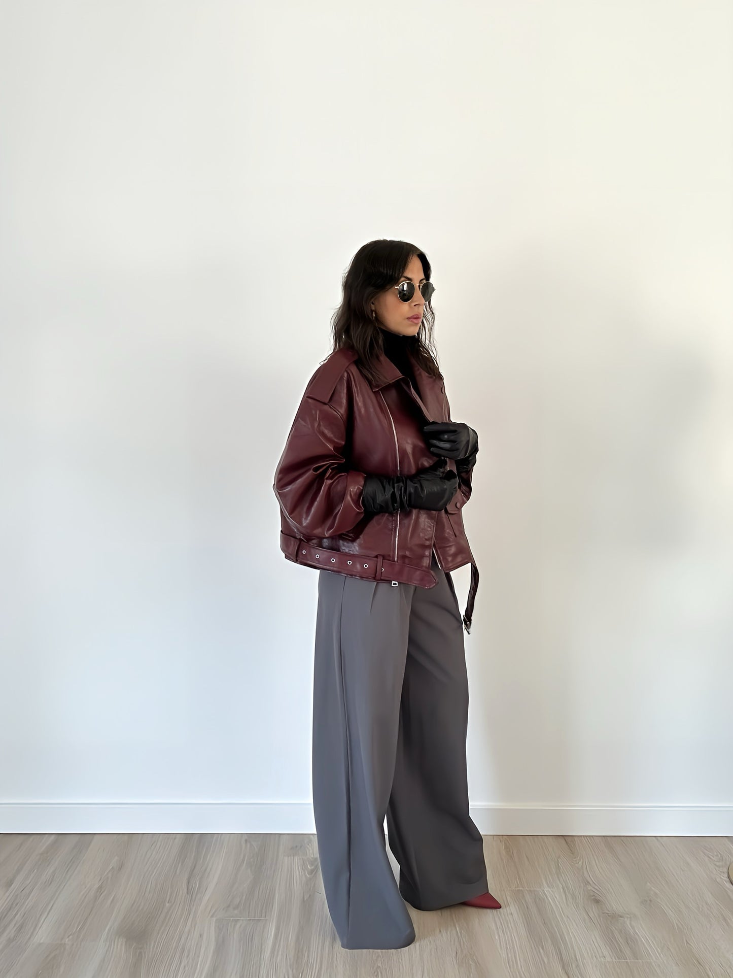 “Chiara” – Oversized Faux Leather Biker Jacket (Burgundy)