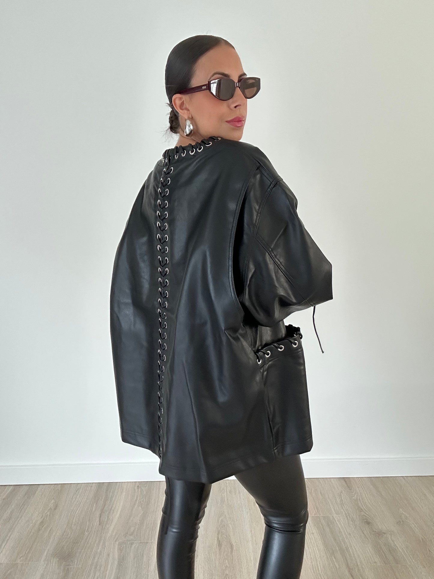 Giulia Oversized Lace-Up Faux Leather Jacket – Black