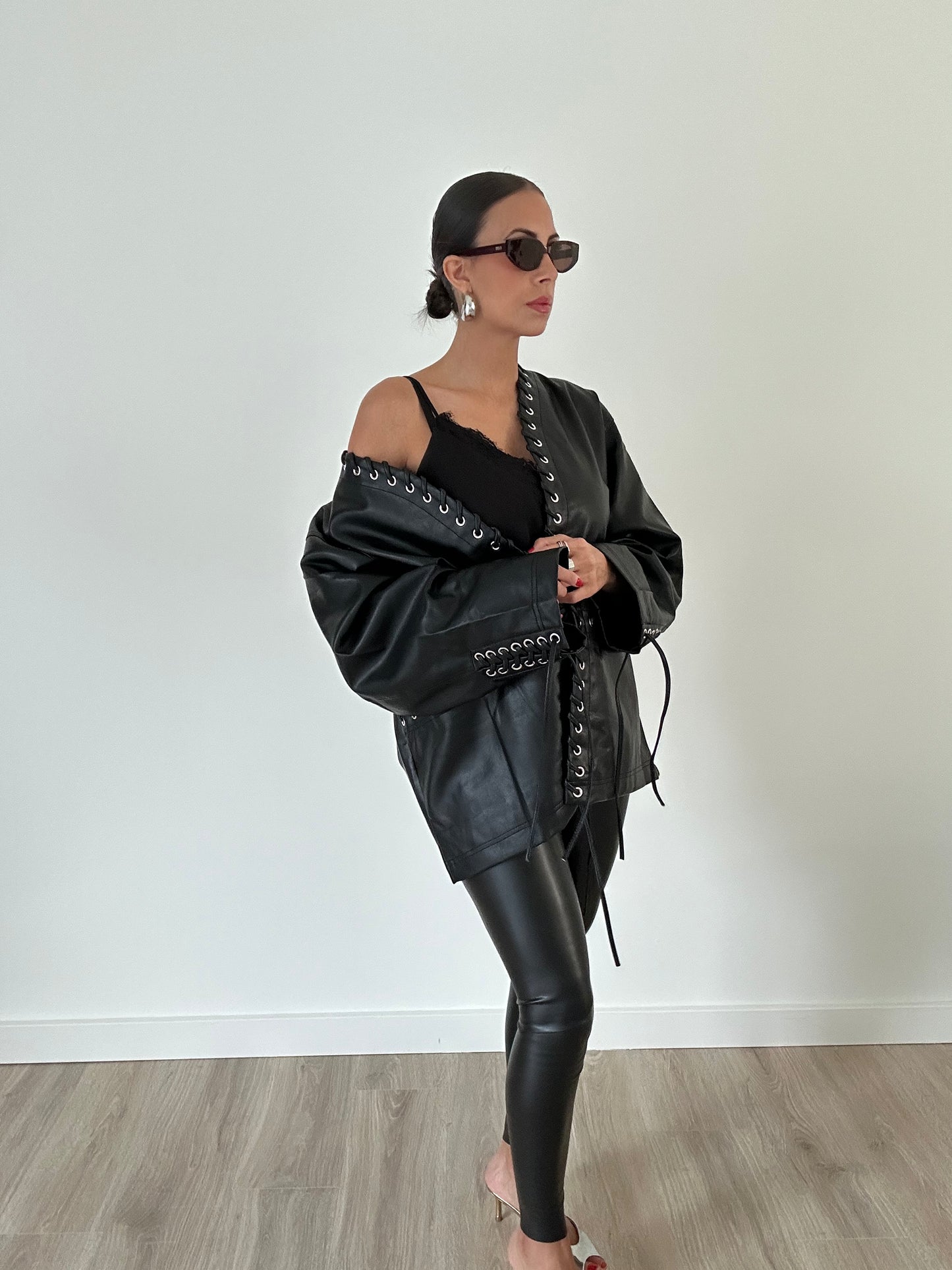 Giulia Oversized Lace-Up Faux Leather Jacket – Black